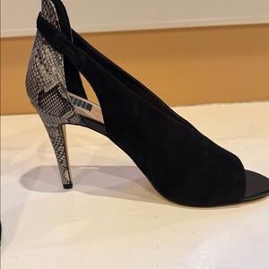White House Black Market Black Suede Peep-Toe Heel with Snake-Print Heel